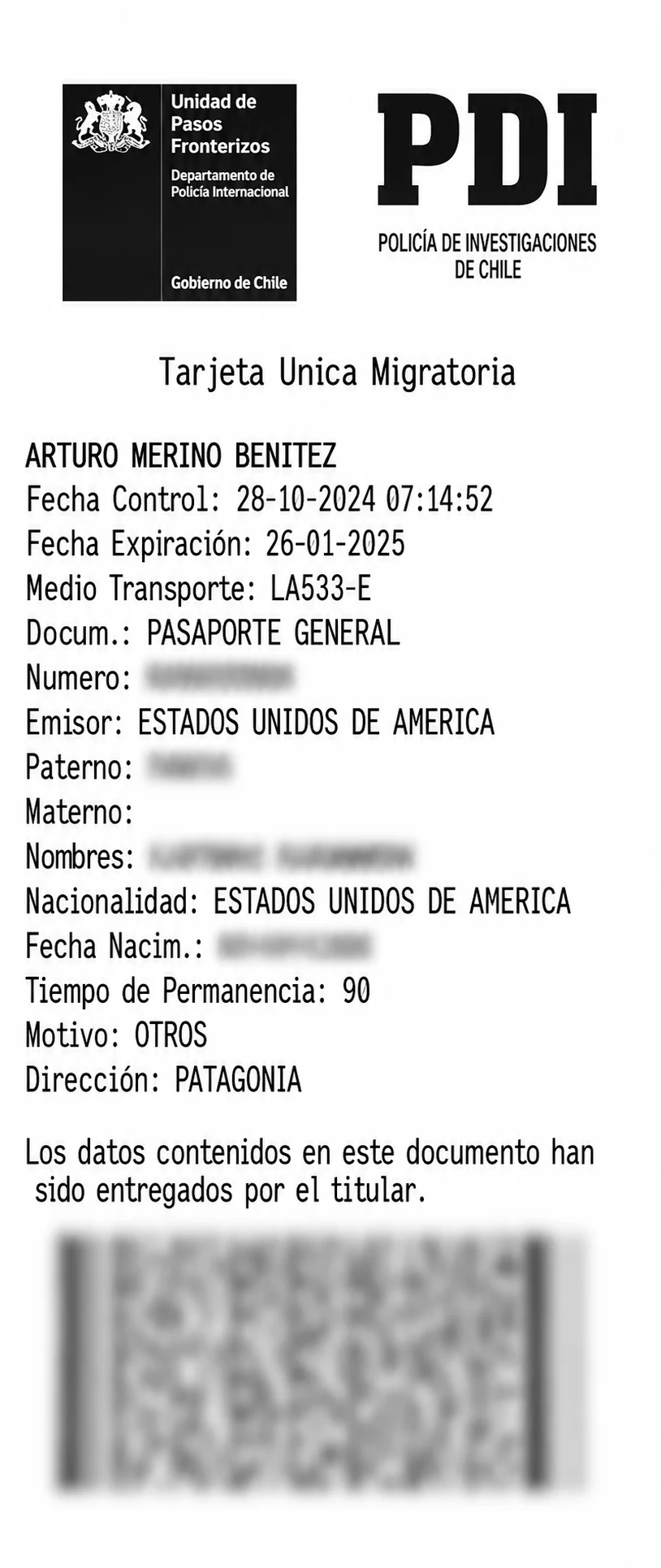 Tarjeta Única Migratoria PDI